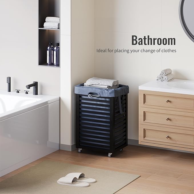 Laundry Hamper with Wheels,Rolling Laundry Basket with Removable Bag,Bamboo Clothes Hampers with Handles for Clothing, Bathroom, Bedroom, Laundry Room (Black)