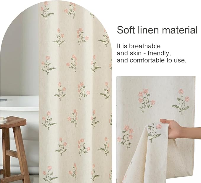 ORTIGIA Linen Shower Curtain Farmhouse Vintage Pink Green Floral Shower Curtains Boho Rustic Block Print Cottagecore Decor for Bathroom 72 W x 72 L