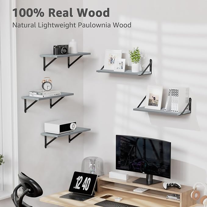 COCOYA Wall Shelves 7.3" Deep Set of 4, Solid Paulownia Wood Wider Longer Sturdy Easy to Install Wall Mounted Bookshelves Storage Shelves Bathroom Home Office Laundry Room Bedroom Organizer Gray