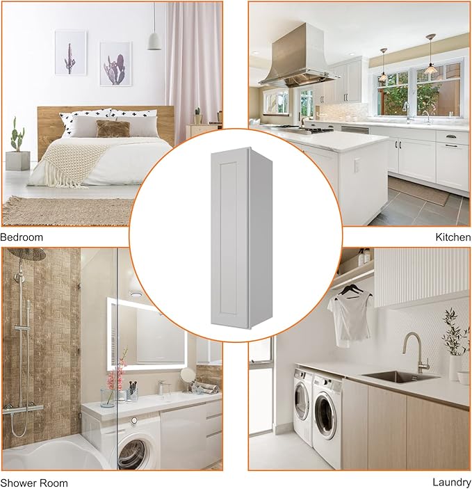 ROOMTEC Light Gray Wood Wall Cabinet, RTA Single Door Medicine Cabinet with Adjustable Shelves and Soft-Close Door for Kitchen, Bathroom, and Laundry. 12" D*15" W*36" H