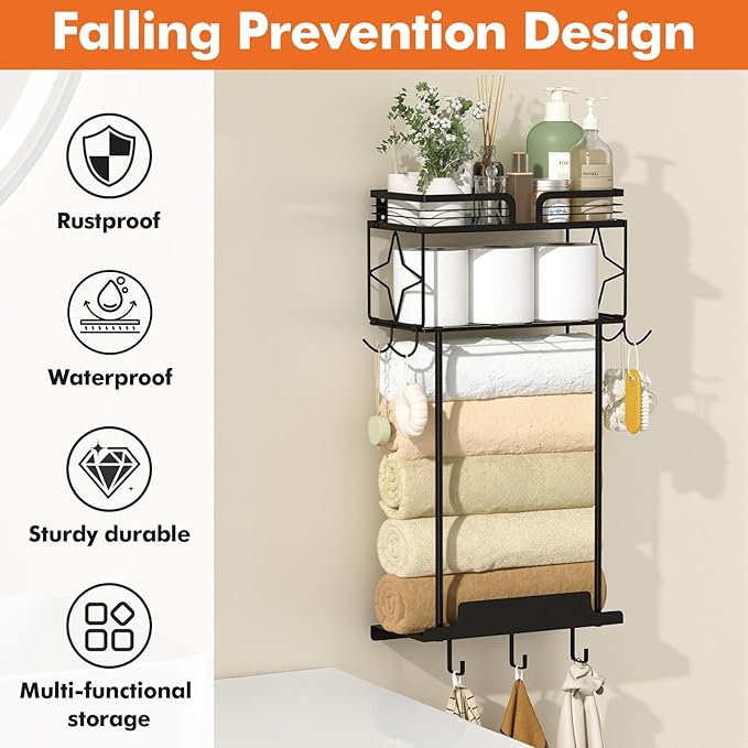 Towel Racks for Bathroom 23.8 Inch Wall Mounted Towel Rack with Shelf, Small Bathroom Towel Storage Holds 3–6 Large Rolled Towels, Metal Wall Towel Rack, Black