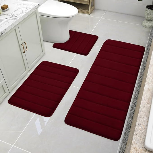 BYSURE Burgundy Memory Foam Bath Mats, Non Slip Extra Soft Absorbent Machine WashableToilet Bathroom Rug Set 3 Piece (20"x32"+24"x44"+U Shape 20"x24")