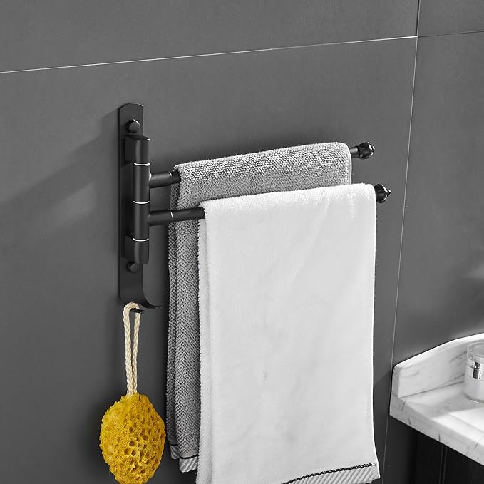 Black Rotating Towel Rack, Stainless Steel Adjustable, 12 * 1.5 * 8.5in, Suitable for Bathroom, Bedroom, Balcony, Removable Towel Bar