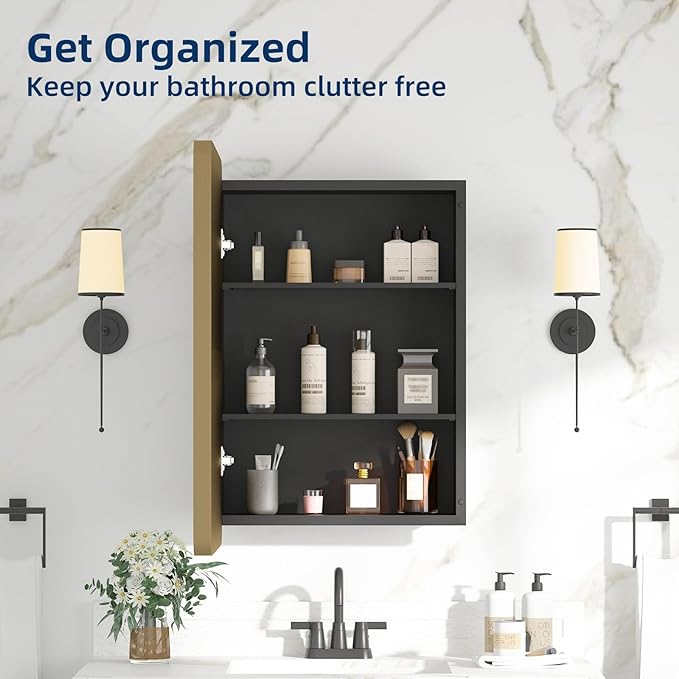 Bathroom Medicine Cabinet with Mirror 16 x 24 Inch, Brush Gold Medicine Cabinet Recessed or Surface Wall-Mounted, Mirrored Cabinets with 2 Adjustable Shelves for Bathroom Vanity