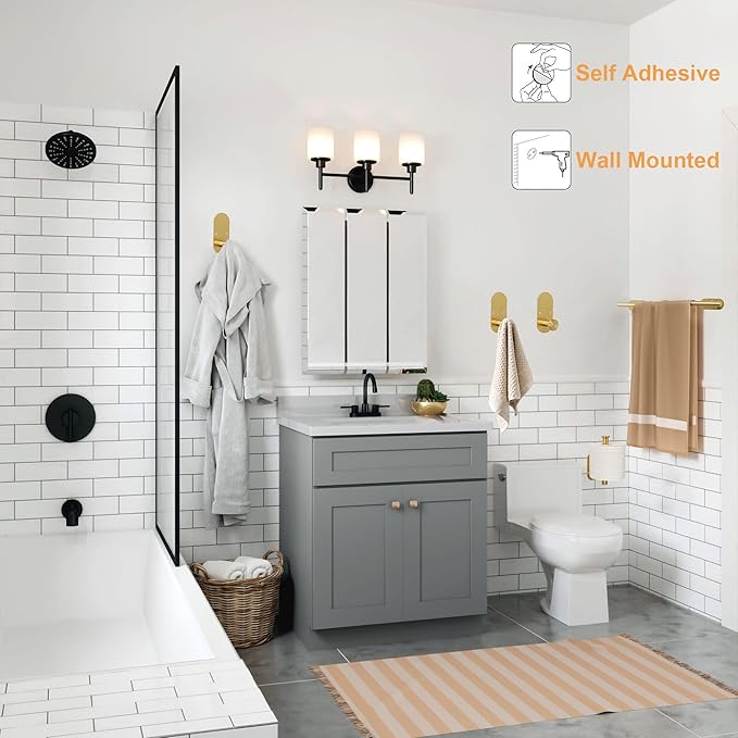 TocTen 5 Pieces Wall Mounted or Self Adhesive Towel Bar Set, Stainless Steel Bathroom Hardware Set Include 16″ Towel Rack, Toilet Paper Holder, 3 Towel Hook, Sticky Bathroom Accessory Kit (Gold)