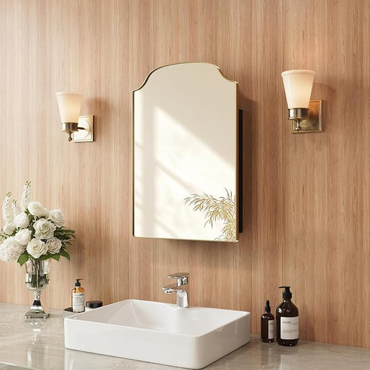 16x24 Inch Medicine Cabinet - Surface Mount or Recessed Bathroom Mirror Cabinet with Storage, Metal Framed, Sturdy & Easy Installation（Gold）