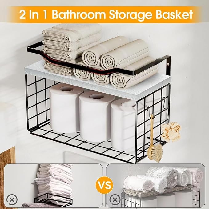 Towel Racks for Bathroom,Towel Rack Wall Mounted, 6 Tier Rolled Or Folded Towel Holder with Floating Shelves, Bathroom Towel Holder for Bath, Hand Towels,Metal,White Wood Panel