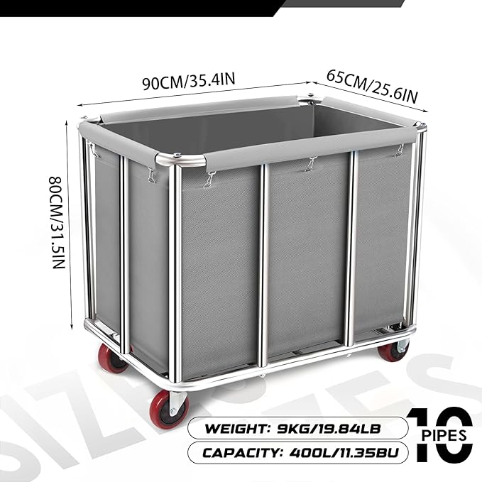 Commercial Laundry Cart with Wheels, 400L Large Rolling Laundry Cart with Steel Frame and Oxford Cloth, Heavy Duty Industrial Laundry Cart for Home,Hotel,Laundry Room, 441 lbs Load (Gray-10)
