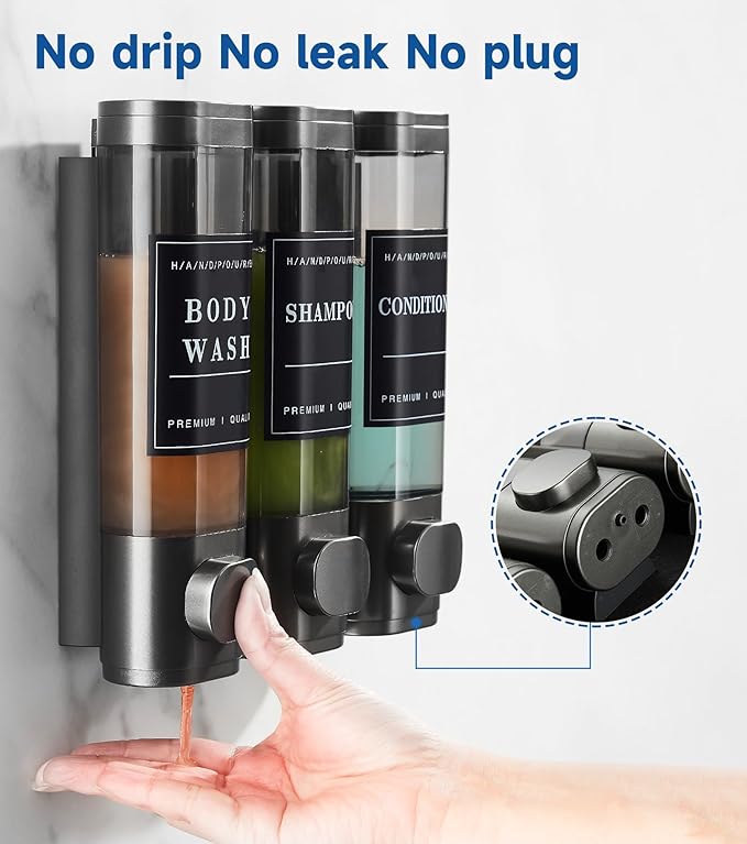 Cabo Deseado Shower Soap Dispenser Wall Mounted No Drill Shampoo Dispenser for Shower Wall Shampoo and Conditioner Dispenser Bathroom Hotel 3 * 300ml Gungray with Labels