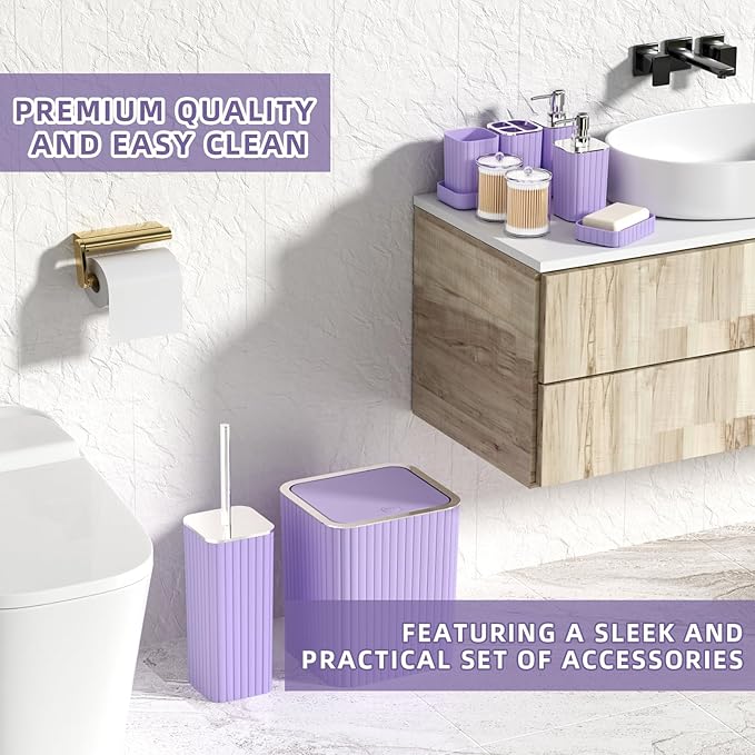 XLHOMO Bathroom Accessories Set - Gorgeous Purple Bathroom Set, 10PC Bathroom Accessory Set, Toilet Brush, Trash Can & Soap Dispenser