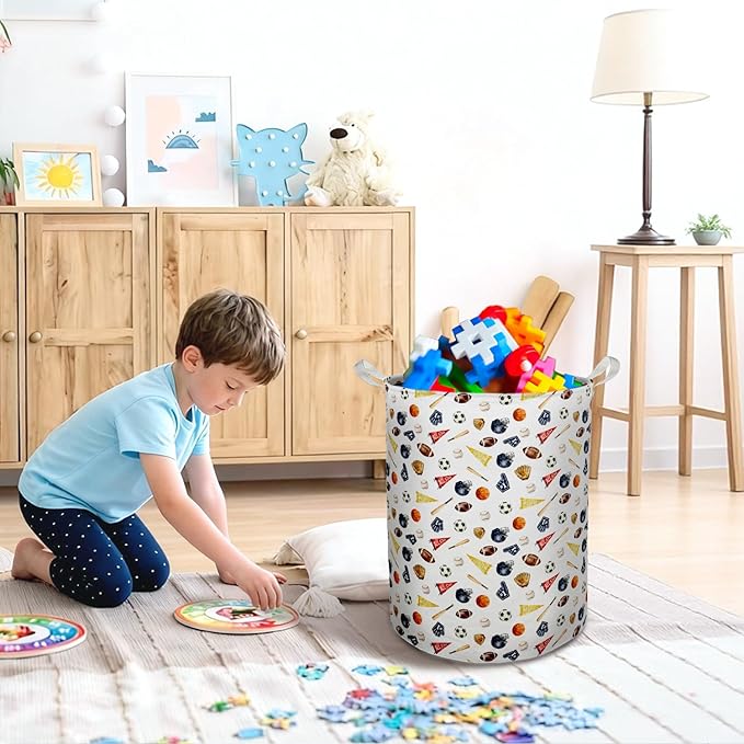 Sports Boys Laundry Basket Hamper, Sports Nursery Decor, Different Kinds Balls Foldable Clothes Toys Books Storage Box Bins Baskets Organizer for Kids Boys Room Bedroom Playroom