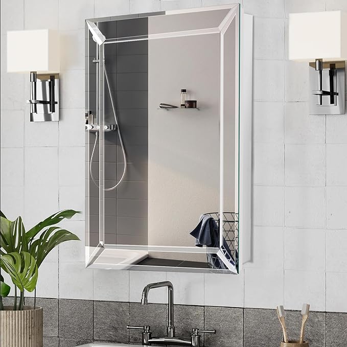 Frameless Bathroom Medicine Cabinet with Beveled Edge Mirror,Surface/Recessed Mount Vanity Storage Cabinet for Bathroom,24x36 Inch