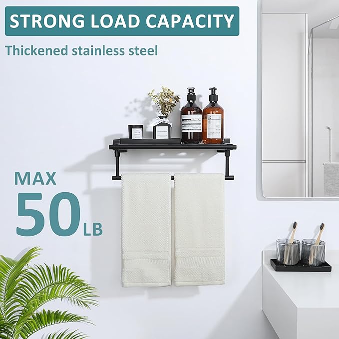 Alise 16 Inch Towel Racks for Bathroom, Towel Rack Wall Mounted with Tower Bars, SUS 304 Stainless Steel Bathroom Shelf, Heavy Duty Hand Towel Holder (Matte Black)