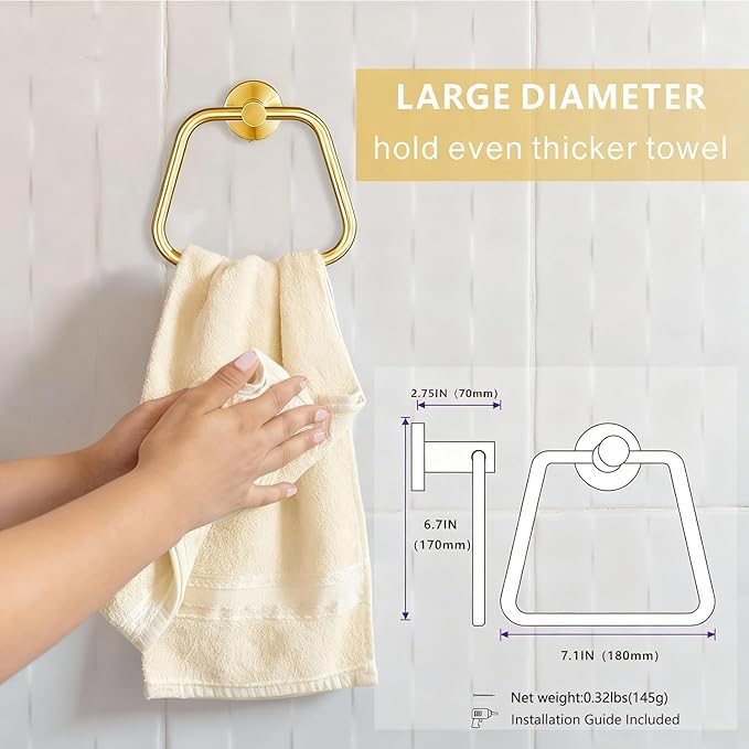 Bath Towel Ring, Bathroom Hardware Towel Holder, Gold Towel Ring for Bathroom, Modern Trapezoid Wall Mounted Towel Hanger, 304 Stainless Steel (Gold)