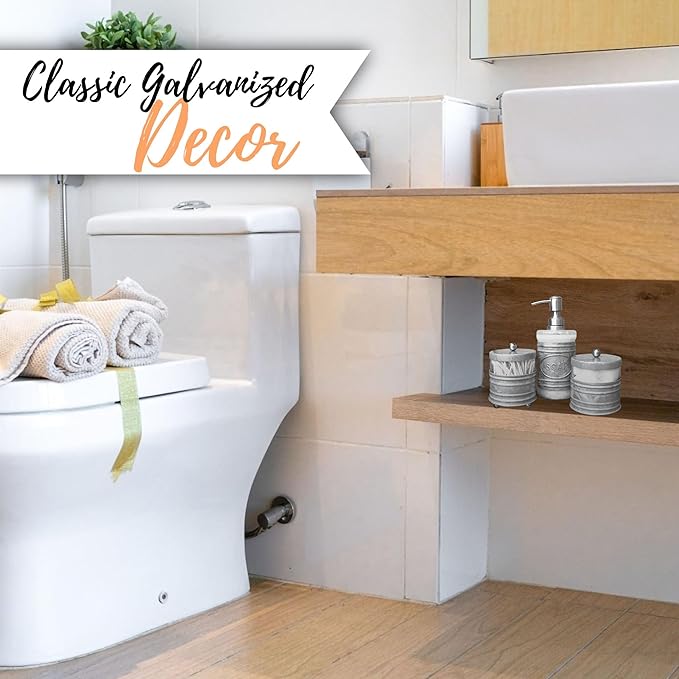 Autumn Alley Adorable 3 Piece Modern Farmhouse Bathroom Accessory Set for Sink/Vanity - Galvanized Soap Dispenser, Cotton Ball Container with Lid, Qtip Organizer – Rustic Farmhouse Bathroom Decor