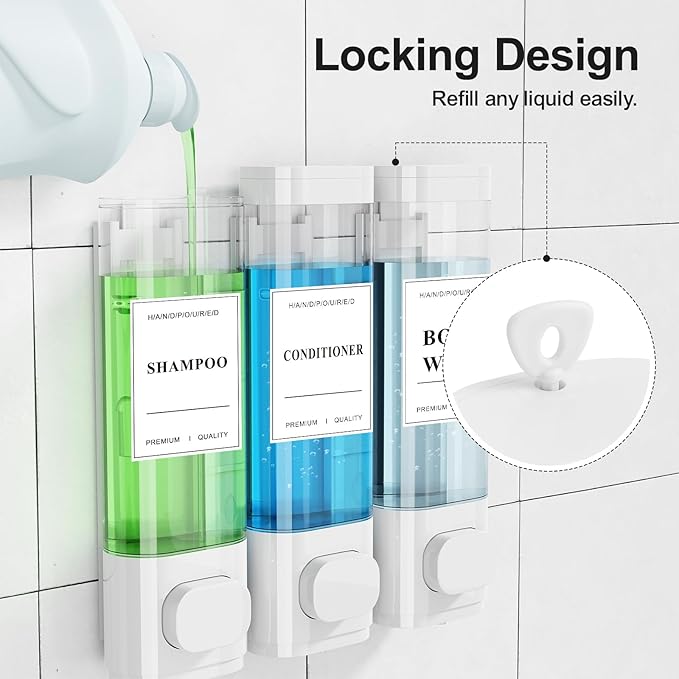 Shampoo and Conditioner Dispenser – Wall-Mounted Shower Soap Dispenser, No-Drill Installation, Lockable, 900 ml Capacity,for Bathroom & Hotel or Airbnb (White, 3-Pack)