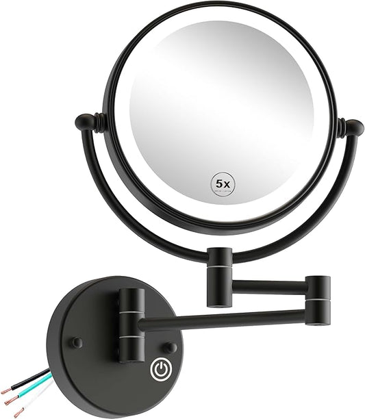 8" Hardwired Magnifying Mirror Wall Mounted with Lights, 1X/5X Double Sided 3-Colors LED Lighting Touch Dimming Extended Arm 360 Rotation Brass Makeup Vanity Mirror for Bathroom Matt Black