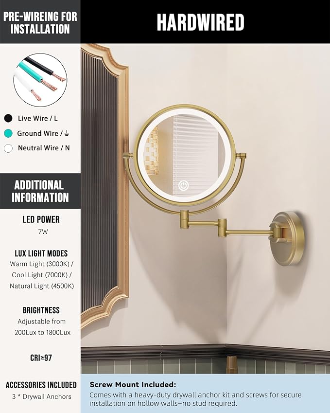 10" Wall Mounted Mirror Swing Arm Lighted Hard Wired, 1X/5X Double-Sided 3 Colors Touch Dimmable, Face Mirror Magnifying with Light Extended 360 Rotation for Bathroom, Antique Brass