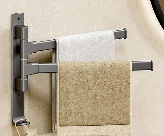 2 Arms Swivel Towel Rack Thicken Towel Holder with Hook Space Saving Towel Bar Wall Mount Swivel Towel Racks for Bathroom Kitchen-Grey