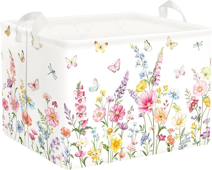 Clastyle Wildflower Baby Laundry Hamper Collapsible Clothes Kids Storage Basket Waterproof Women Girls Toy Box for Nursery Room,Butterflies,40 * 30 * 30 cm