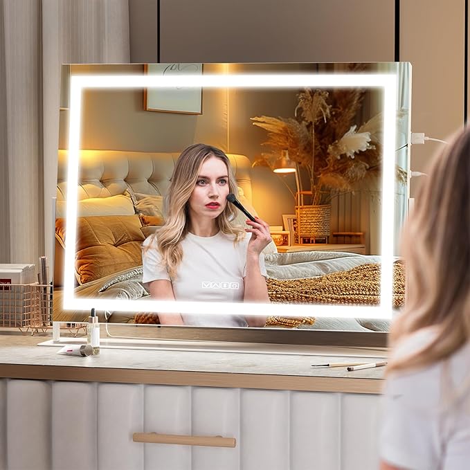 Hasipu Vanity Mirror with Lights and Bluetooth Speaker, 29.5" x 21.3" LED Makeup Mirror, Light up Mirror with 10X Magnification, USB Charging Port, Smart Touch 3 Colors Dimmable (White)