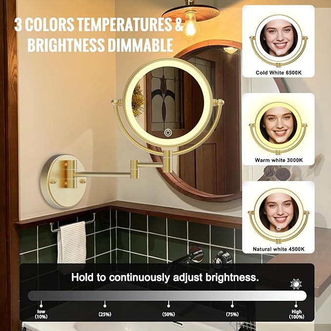 8" Wall Mounted Lighted Makeup Mirror with Magnification Rechargeable, 1X/10X Double Sided, 3 Color Lighting Touch Dimmable 360 Swivel Extendable Arm Vanity Shaving Mirror, Brushed Moderne Brass