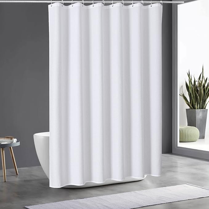 MitoVilla Extra Long Shower Curtain 72 x 84, White Waffle Farmhouse Fabric 84 inch Shower Curtain, XL Shower Curtains for Bathroom Decor, Luxury Weighted Shower Curtain 84 inch