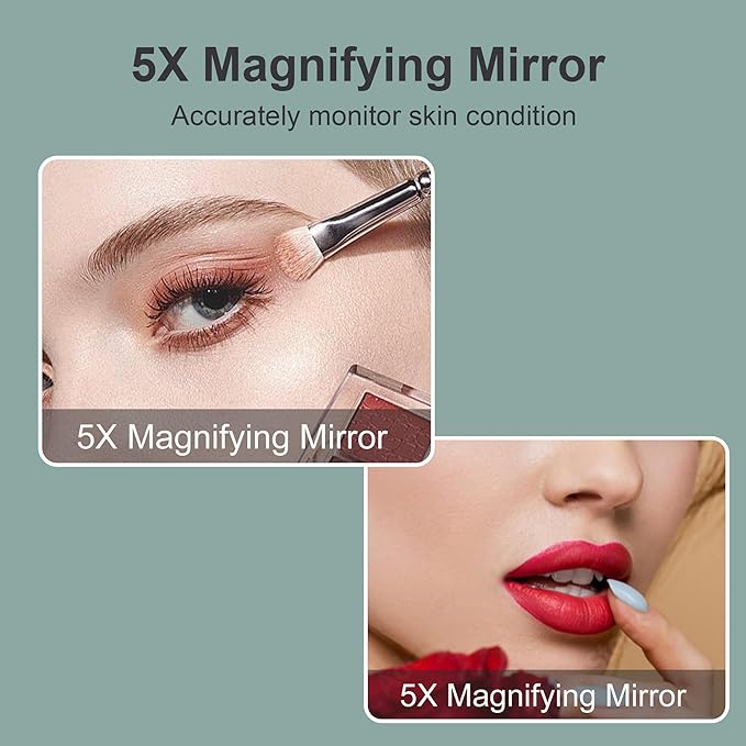 6.5" Clip-On Magnifying Vanity Mirror - 5X Magnification, USB Rechargeable, Lighted, Travel-Friendly (White)