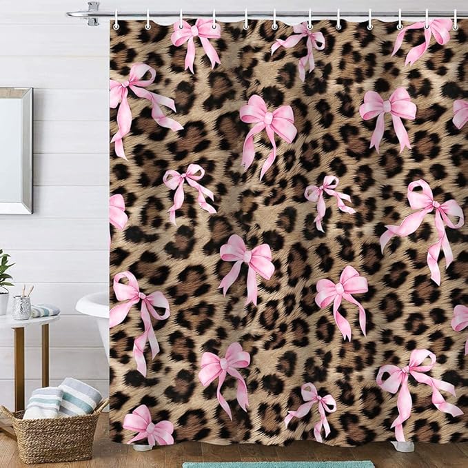 Onalasyc 4 Pcs Leopard Shower Curtain, Cheetah Bow Print Bathroom Set Shower Curtain Sets with Rugs, Waterproof Brown Pink Bow Animal Print Bathroom Curtains Shower Set,12 Pcs Hook,71 x 71 in