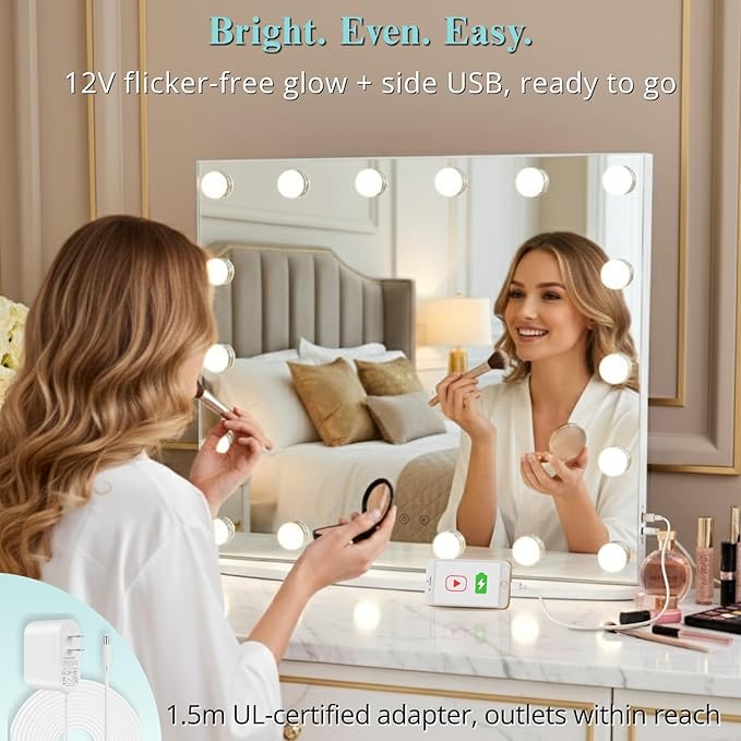 LUXFURNI Vanity Mirror with Lights, 23.6" x 20.5" Hollywood Mirror, Light Up Makeup Mirror with 18 LED Bulbs for Bedroom Desk, 3 Color Lighting Modes, Tabletop & Wall Mount, USB Charging Port