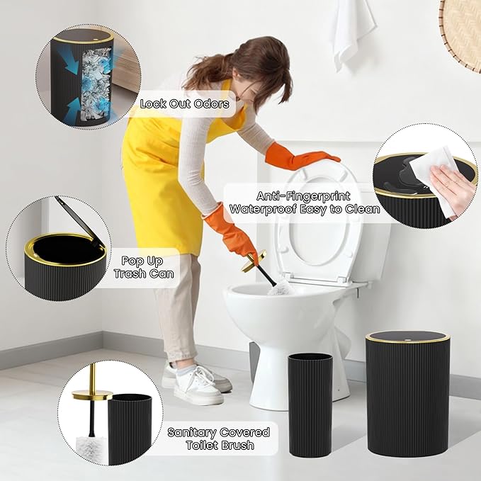 Black Gold Bathroom Accessories Set, 10PC Bathroom Set, Bath Accessory with Pop Up Trash Can, Soap Dispenser, Toilet Brush, Toothbrush Set Qtip Holders & Tray