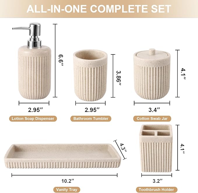 XLHOMO Resin Beige Bathroom Accessories Set 5 Pcs, Lotion Soap Dispenser, Toothbrush Holder, Bathroom Tumbler, Qtip Holder and Vanity Tray, Bathroom Countertop Organizer Set for Modern Home Apartment