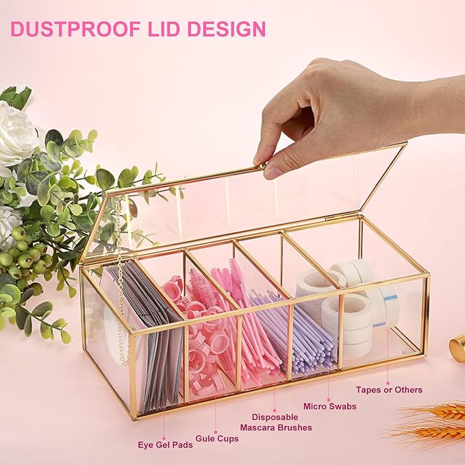 ELLDOO Lash Extension Organizer Box with Lid, Gold Glass Eyelash Supplies Organizer Storage Box, 5 Compartments Bathroom Supplies Storage Container for Cotton Swabs, Balls, Pads, Floss Picks