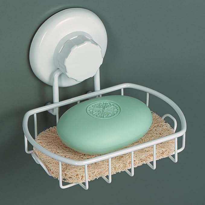 HASKO Suction Cup Soap Dish for Shower Wall, Rustproof Stainless Steel, Shower Soap Holder with Hooks for Bathroom, Includes Optional No Drill Adhesive Mount and Soap Saver, White
