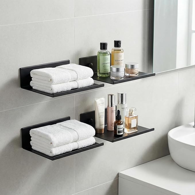 Z metnal Small Floating Shelves, Mini Metal Shelf for Wall, Aluminum, Wall Mounted and No Drill, Black, 4.7 inch, 2 Pack