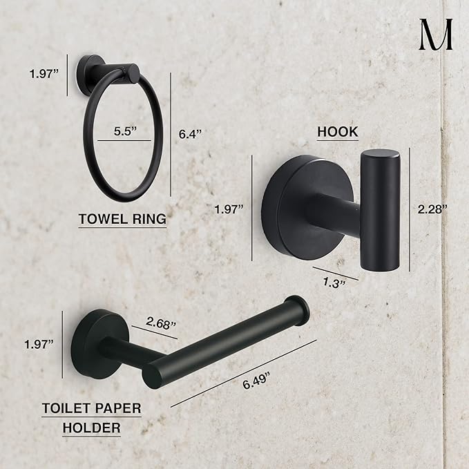 Marmolux Acc - 3 Piece Bathroom Hardware Set with Matte Black Toilet Paper Holder, Towel Ring & Towel Hook - Stainless Steel Matte Black Bathroom Accessories Set. - Bathroom Accessory - Bathroom Set