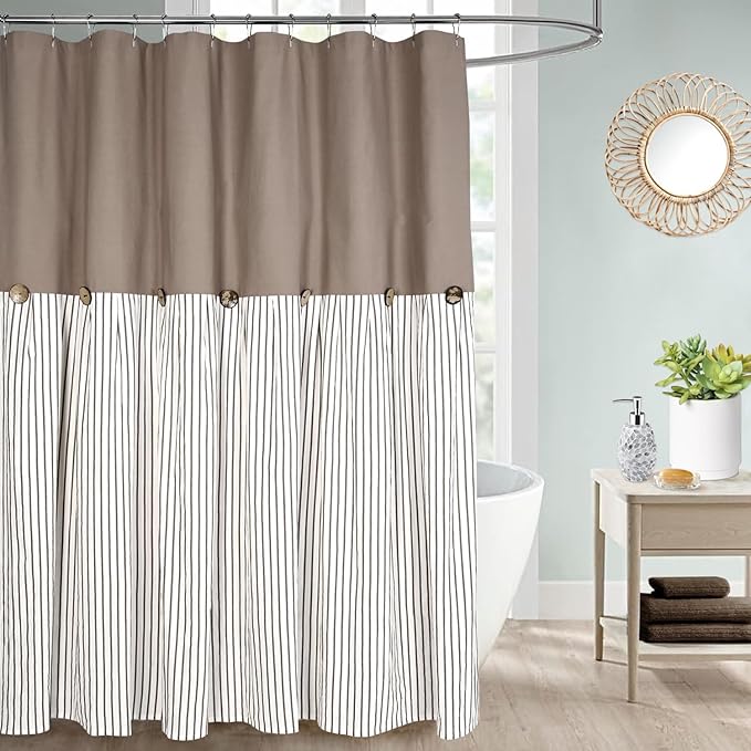 Farmhouse Taupe Shower Curtain,Taupe and Brown Stripe,Button Curtain,Cotton Blend and Cotton Woven Fabric,Rustic Charm Country Chic Style,72x84 in