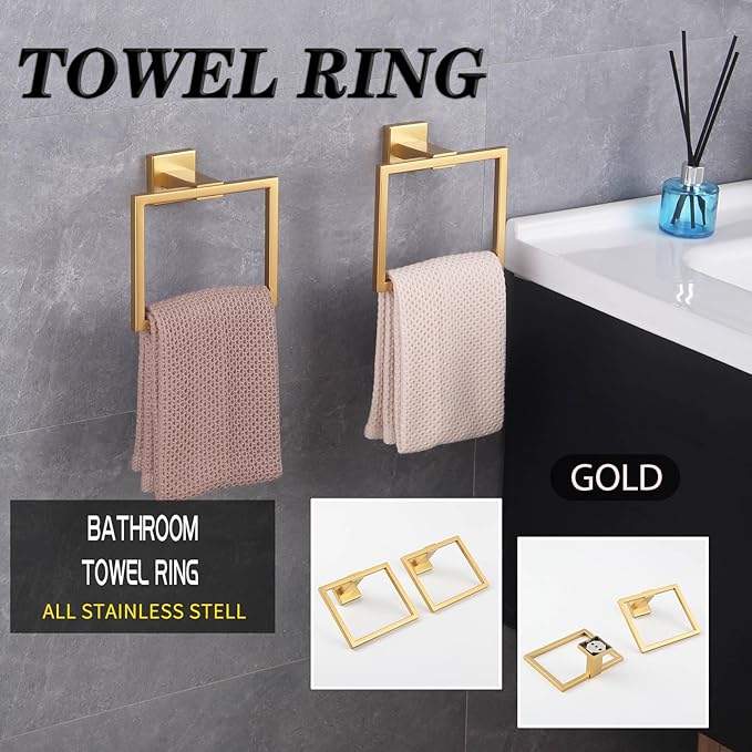 GERZWY Bathroom Hand Towel Holder Gold Stainless Steel Towel Ring for Bath Kitchen Garage Heavy Duty Wall Mounted JG1916-2BE