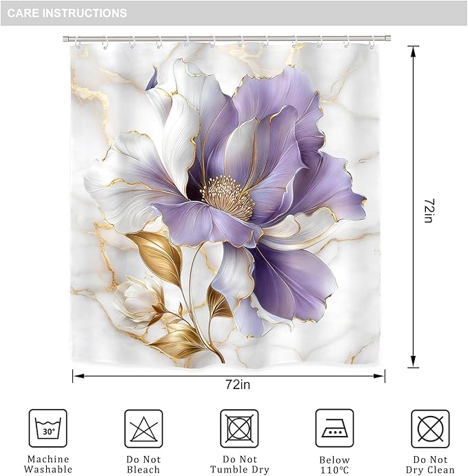 Riyidecor Purple Gold Marble Floral 4Pcs Bathroom Shower Curtain Sets Modern Abstract Flower Bathroom Decor Set with Rugs and Accessories Minimalist Toilet Lid Rug, Contour and Bath Mat with 12 Hooks