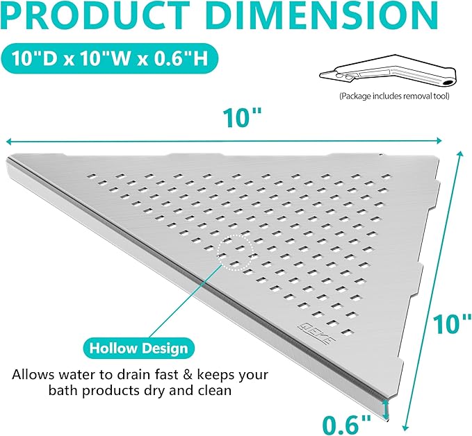 Qeke Bathroom Corner Shelf, Recessed 10" Shower Shelf Caddy, SUS304 Stainless Steel Shelf Wall Mount Triangular, No Drilling, Brushed Nickel