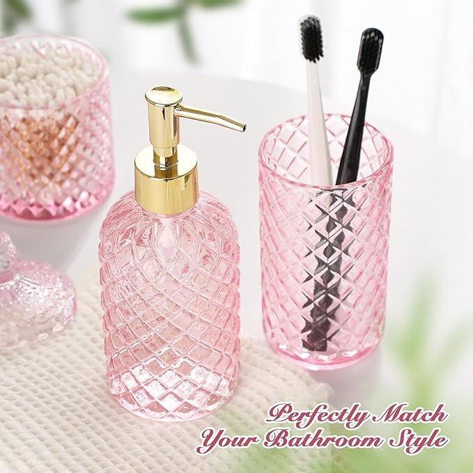 RYTOXILO Pink Bathroom Accessories Set, 4 Pack Pink Bathroom Decor Accessory Sets Complete, Diamond Glass Soap Dispenser and Toothbrush Holder Set for Bath Counter Organizer Essentials