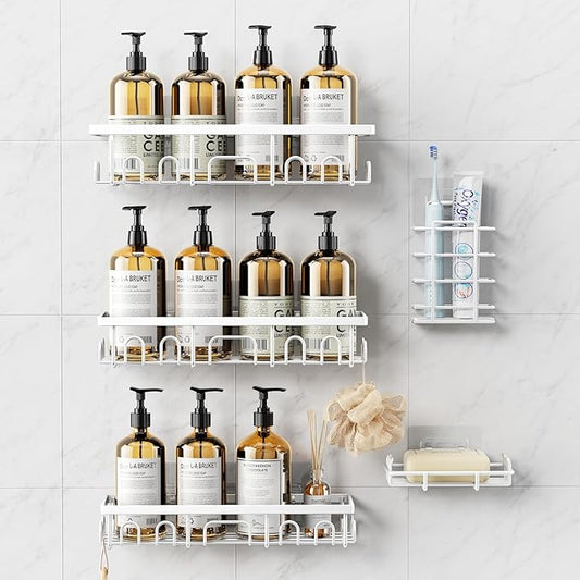 Shower Caddy, 5 Pack Shower Shelves for Inside Bathroom, Rustproof Adhesive Bathroom Organizer with Soap Holder, No Drilling Washroom Organizers and Storage for Bathtub Room/Kitchen/Home, White