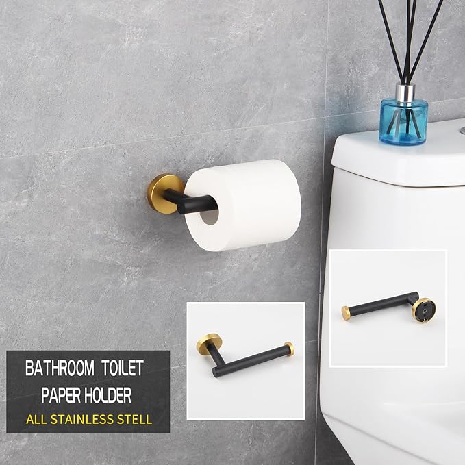 GERZWY Bathroom 3-Pieces Hardware Accessories Sets Stainless Steel - 2X Coat Hook Toilet Paper Holder (Black & Gold) AG1401B-BD