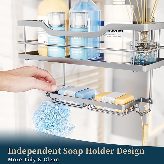 Consumest Over The Door Shower Caddy - 3 Tier Shower Shelves Hanging with Soap Holders, Large Capacity Shower Organizer with 6 Hooks, Bathroom Rack and Storage, Silver