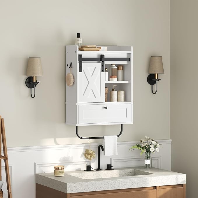 MAHANCRIS Bathroom Wall Cabinet, Farmhouse Medicine Cabinets with Sliding Door, Wall Mounted Storage Cabinet with Adjustable Shelf and Towel Bar, for Bathroom, Living Room, Kitchen, White