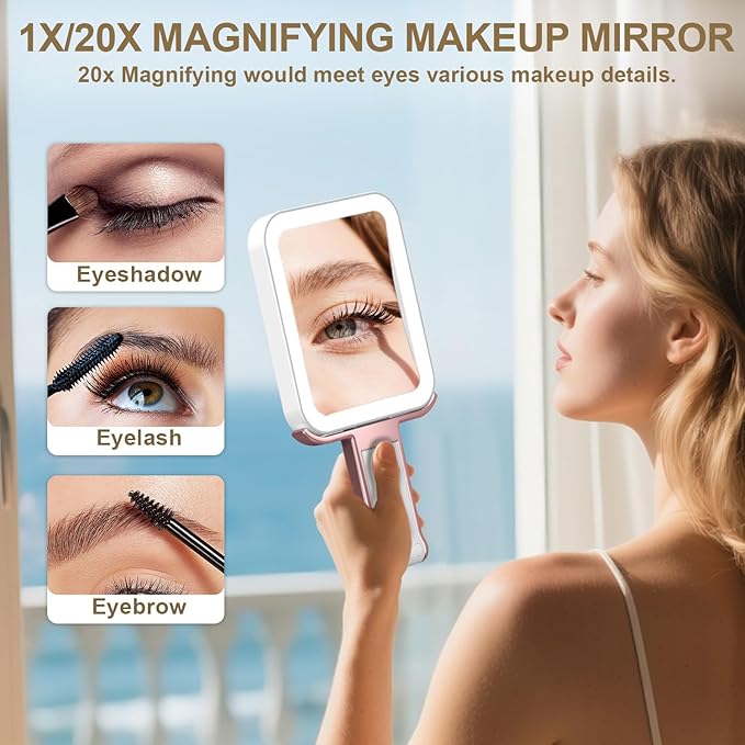Mocado Travel Makeup Mirror with Lights,20X/1X Magnifying Mirror with Light, Double Sided Travel Mirror with 3 Color Light,Dimmable Touch,Lighted Makeup Mirror for Tabletop,Handheld,Hanging(Rose Gold)