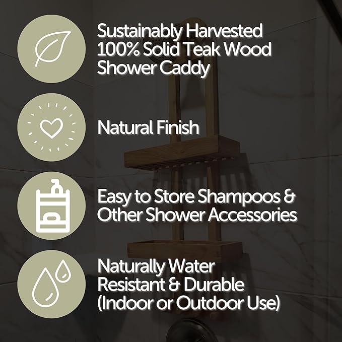 NORDIC STYLE TEAK Wood Natural Hanging Shower Caddy with Storage Shelves, Water Resistant, Easy to Place, Select-Grade Solid Teak Wood, Shower Accessory (Natural Langr)