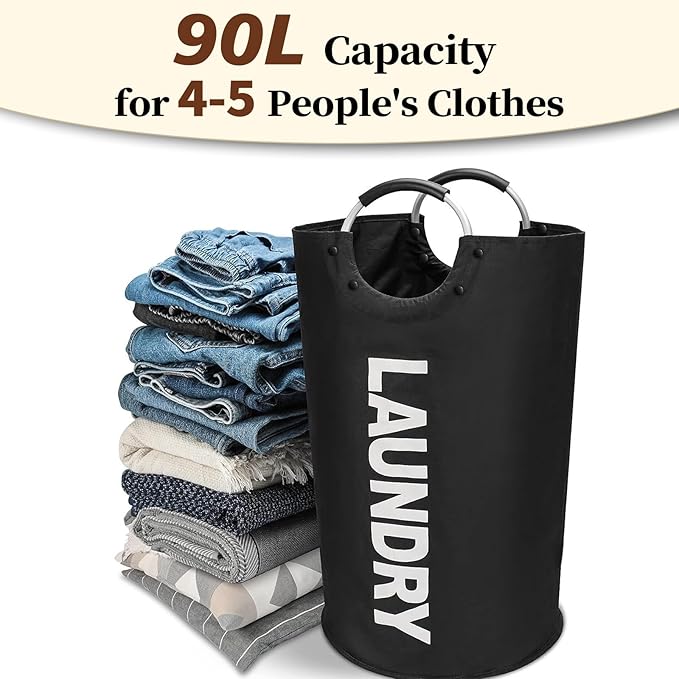 90L Large Laundry Basket Laundry Hamper Dirty Clothes Hamper with Handle Freestanding Collapsible Laundry Hamper 600D Oxford Fabric Waterproof with Handles Black (2-PACK)
