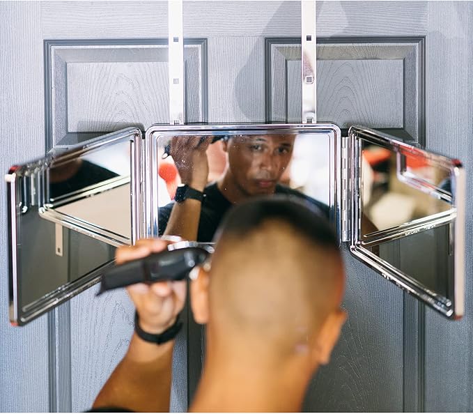 Self Cut System 3 Way Mirror for Self Hair Cutting, Trifold Barber Mirror with Height Adjustable Hooks, 360 View, Includes Free Educational Mobile App (Black Lambo)