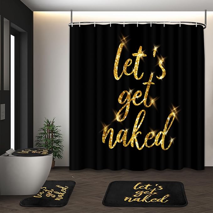 ArtSocket 4PC Gold Let's Get Naked Shower Curtain Sets Yellow and Black Bathroom Decor with Rugs, Non-Slip Rug,Toilet Lid Cover, Bath Mat and 12 Hooks 72x72 inches